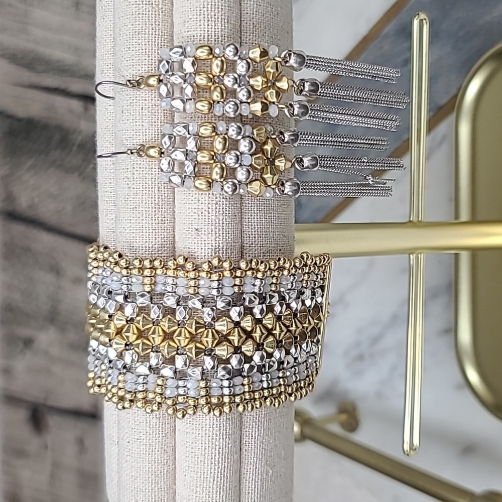Lucky Brand Semi Precious Accents Two Tone Beaded Mesh Bracelet Fringe Earrings